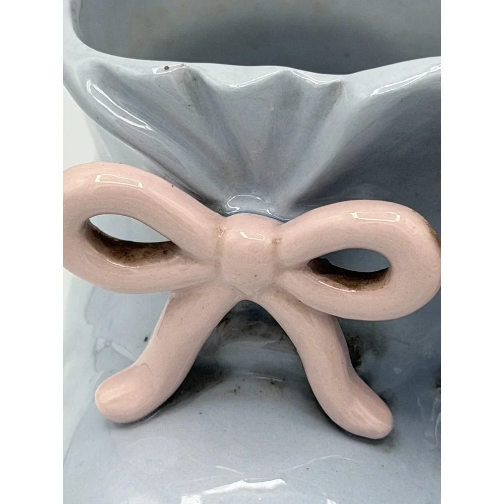 Vintage Baby Booties Planter Blue Pink Bows Velco-1 Ceramic Nursery Decor